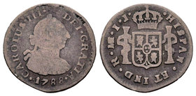 Charles III (1759-1788). 1/2 real. 1788. Lima. IJ. (Cal-1722). Ag. 1,43 g. F. Est...25,00.