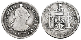Charles III (1759-1788). 1/2 real. 1774. Popayán. JS. (Cal-1783). Ag. 1,52 g. Hole. Very rare. Choice F. Est...50,00.