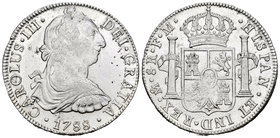 Charles III (1759-1788). 8 reales. 1788. México. FM. (Cal-492). Ag. 26,97 g. Leve zona de plata agria. Parte de brillo original. AU. Est...320,00.