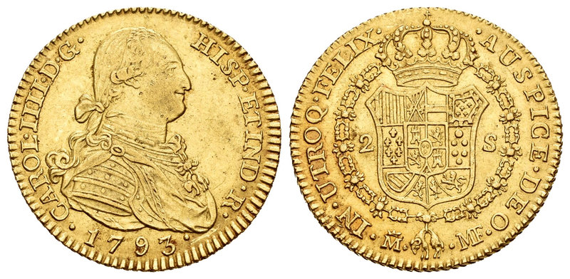 Charles IV (1788-1808). 2 escudos. 1793. Madrid. MF. (Cal-326). Au. 6,73 g. Buen...