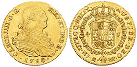 Charles IV (1788-1808). 4 escudos. 1790. Madrid. MF. (Cal-200). Au. 13,44 g. Nick on edge. Rare. XF. Est...900,00.