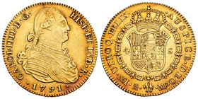 Charles IV (1788-1808). 4 escudos. 1791. Madrid. MF. (Cal-201). Au. 13,45 g. Buen ejemplar. Almost XF. Est...600,00.