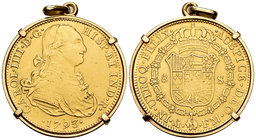Charles IV (1788-1808). 8 escudos. 1793. México. FM. (Cal-42). (Cal onza-1023). Au. 31,15 g. Engarzada. Peso aproximado del engarce 4,20 g en oro de 1...