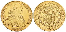 Charles IV (1788-1808). 8 escudos. 1806. México. TH. (Cal-61). (Cal onza-1042). Au. 26,95 g. VF. Est...1000,00.