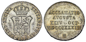 Elizabeth II (1833-1868). Medalla de proclamación. 1833. Madrid. (H-22). Ag. 3,01 g. Módulo de 1 real. 19 mm. ACCLAMATIO AVGVSTA XXIV · OCT· MDCCCXXXI...