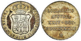 Elizabeth II (1833-1868). Medalla de proclamación. 1833. Madrid. (H-23). Ag. 5,91 g. Módulo de 2 reales. 25 mm. ACCLAMATIO AVGVSTA XXIV · OCT· MDCCCXX...