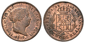 Elizabeth II (1833-1868). 5 céntimos de real. 1855. Segovia. (Cal-612). Ae. 1,90 g. Restos de brillo original. AU/Almost UNC. Est...60,00.