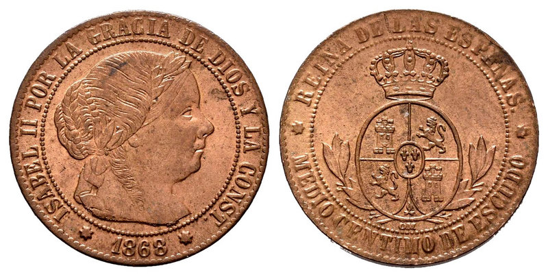 Elizabeth II (1833-1868). 1/2 céntimo de escudo. 1868. Barcelona. OM. (Cal-671)....