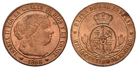 Elizabeth II (1833-1868). 1/2 céntimo de escudo. 1868. Barcelona. OM. (Cal-671). Ae. 1,13 g. Original luster. Almost UNC. Est...75,00.