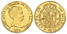 Elizabeth II (1833-1868). 80 reales. 1839. Barcelona. PS. (Cal-55). Au. 6,71 g. Golpecitos en el canto. Almost XF. Est...260,00.