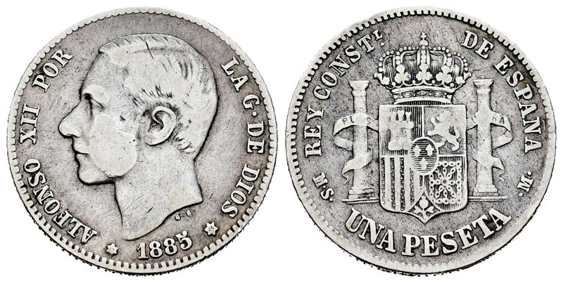 Alfonso XII (1874-1885). 1 peseta. 1885*18-85. Madrid. MSM. (Cal-61). Ag. 4,83 g...