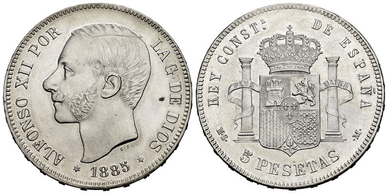 Alfonso XII (1874-1885). 5 pesetas. 1885*18-87. Madrid. MSM. (Cal-42). Ag. 24,96...