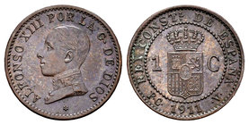 Alfonso XIII (1886-1931). 1 céntimo. 1911*1. Madrid. PCV. (Cal-78). Ae. 1,01 g. XF. Est...90,00.