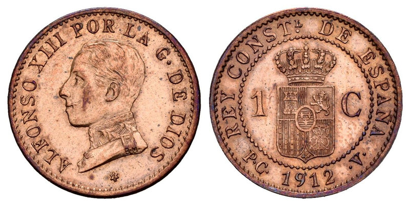 Alfonso XIII (1886-1931). 1 céntimo. 1912*2. Madrid. PCV. (Cal-79). Ae. 1,05 g. ...