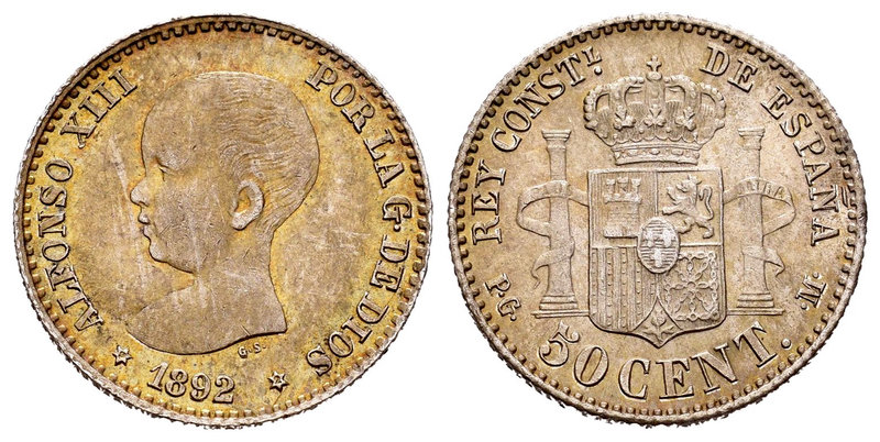 Alfonso XIII (1886-1931). 50 céntimos. 1892*9-2. Madrid. PGM. (Cal-55). Ag. 2,56...