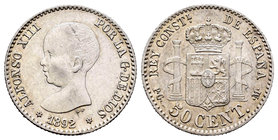 Alfonso XIII (1886-1931). 50 céntimos. 1892*2-2. Madrid. PGM. (Cal-56). Ag. 2,48 g. Escasa. Choice VF. Est...110,00.
