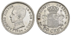Alfonso XIII (1886-1931). 50 céntimos. 1904*1-0. Madrid. PCV. (Cal-62). Ag. 2,53 g. Almost UNC. Est...30,00.