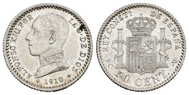 Alfonso XIII (1886-1931). 50 céntimos. 1910*1-0. Madrid. PCV. (Cal-63). Ag. 2,50 g. Original luster. UNC. Est...35,00.