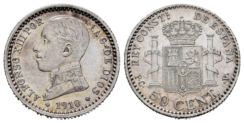 Alfonso XIII (1886-1931). 50 céntimos. 1910-1-0. Madrid. PCV. (Cal-63). Ag. 2,50...