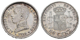 Alfonso XIII (1886-1931). 50 céntimos. 1910-1-0. Madrid. PCV. (Cal-63). Ag. 2,50 g. Almost UNC. Est...25,00.