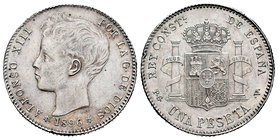 Alfonso XIII (1886-1931). 1 peseta. 1896*18-96. Madrid. PGV. (Cal-41). Ag. 5,05 g. Minor nick on edge. AU. Est...50,00.
