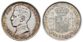 Alfonso XIII (1886-1931). 1 peseta. 1904*19-04. Madrid. SMV. (Cal-50 variante). Ag. 4,96 g. Cero partido. XF/AU. Est...75,00.