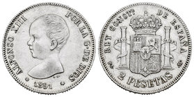 Alfonso XIII (1886-1931). 2 pesetas. 1891*18-91. Madrid. PGM. (Cal-31). Ag. 9,97 g. Muy escasa. Almost XF. Est...200,00.