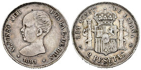 Alfonso XIII (1886-1931). 2 pesetas. 1891*18-_ _. Madrid. PGM. (Cal-31). Ag. 9,81 g. Golpecitos. Almost VF. Est...25,00.