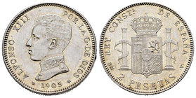 Alfonso XIII (1886-1931). 2 pesetas. 1905*19-05. Madrid. SMV. (Cal-34). Ag. 10,05 g. AU. Est...35,00.