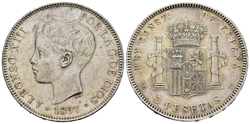 Alfonso XIII (1886-1931). 5 pesetas. 1897*18-97. Madrid. SGV. (Cal-26). Ag. 24,9...