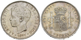 Alfonso XIII (1886-1931). 5 pesetas. 1897*18-97. Madrid. SGV. (Cal-26). Ag. 24,96 g. Pequeñas marcas. XF. Est...80,00.