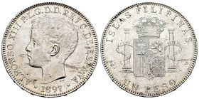 Alfonso XIII (1886-1931). 1 peso. 1897. Manila. SGV. (Cal-81). Ag. 25,05 g. Original luster. XF. Est...200,00.