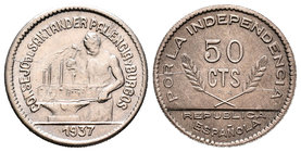 Civil War (1936-1939). 50 céntimos. 1937. Santander, Palencia and Burgos. PJR. (Cal-17). 2,78 g. Escasa. UNC. Est...50,00.