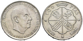 Estado Español (1936-1975). 100 pesetas. 1966*19-69. Madrid. (Cal-15). Ag. 19,01 g. Palo recto. Muy escasa. UNC. Est...220,00.