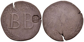 Germany. Doppelbausche. 1597. Aachen. BB. (Menadier-168). (Krumb-221.2). Ae. 17,34 g. Moneda de emergencia por Brause-Mansfeld y Maillet. Menadier ve ...