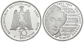 Germany. 10 marcos. 2001. Stuttgart. F. (Km-205). Ag. 15,54 g. 200º Aniversario del nacimiento de Albert Gustav Lortzing. PR. Est...25,00.