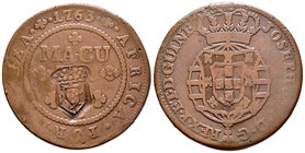 Portuguese Angola. Joseph I. 2 macutas reselladas sobre 1 macuta 1763 según ley de 1837. (Km-51.1). (Gomes-05.02). Ae. 33,35 g. Dark patina. VF. Est.....