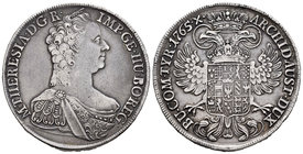 Austria. Maria Theresa. 1 thaler. 1765. Hall. (Herinek-469). Ag. 27,77 g. Leve golpecito en canto. Pátina. Almost VF/VF. Est...150,00.