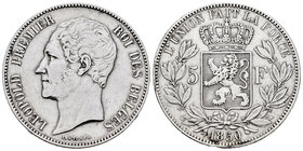 Belgium. Leopold I. 5 francos. 1850. (Km-17). Ag. 24,81 g. Minor nick on edge. Cleaned. VF. Est...35,00.