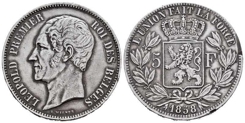 Belgium. Leopold I. 5 francos. 1858. (Km-17). Ag. 24,95 g. Edge nicks. Very scar...