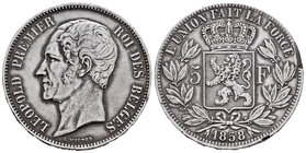 Belgium. Leopold I. 5 francos. 1858. (Km-17). Ag. 24,95 g. Edge nicks. Very scarce. Choice VF. Est...100,00.