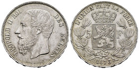 Belgium. Leopold II. 5 francos. 1873. (Km-24). Ag. 24,94 g. Minor nicks on edge. Almost XF/XF. Est...60,00.