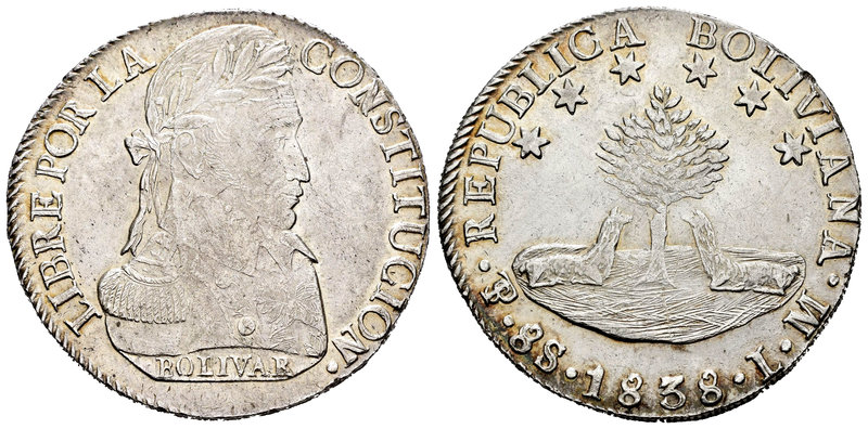 Bolivia. 8 soles. 1838 . Potosí. LM. (Km-97). Ag. 27,08 g. Brillo origjnal. Muy ...