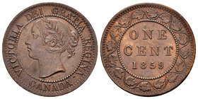 Canada. Victoria Queen. 1 cent. 1859. (Km-1). Ae. 4,59 g. Minor nicks on edge. XF. Est...30,00.