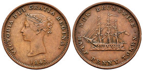 Canada. Victoria Queen. 1 penny token. 1843. New Brunswick. (Km-1). Ae. 8,48 g. Choice VF. Est...18,00.