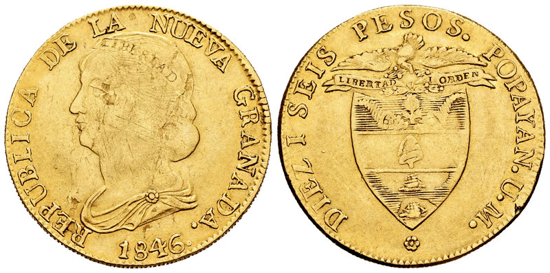 Colombia. 16 pesos. 1846. Popayán. UM. (Km-94.2). (Fried-75). Au. 26,98 g. Hojit...