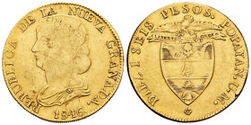 Colombia. 16 pesos. 1846. Popayán. UM. (Km-94.2). (Fried-75). Au. 26,98 g. Hojitas. Almost VF. Est...1200,00.