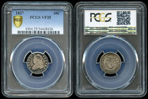 United States. 10 cents. 1827. (Km-42). Ag. Capped Bust. Encapsulada por PCGS como VF25. Rara. Est...150,00.
