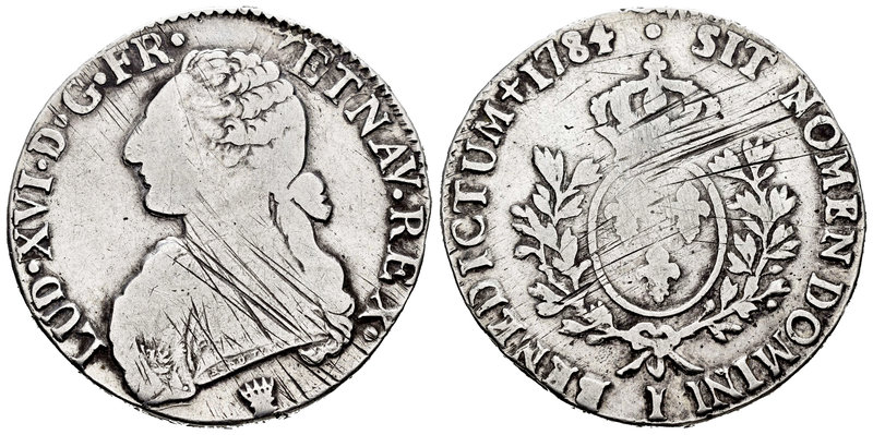France. Louis XVI. 1 ecu. 1784. Limoges. I. (Km-564.7). (Dav-1333). Ag. 28,66 g....