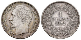 France. Napoleon III. 1 franco. 1852. Paris. A. (Km-772). Ag. 5,01 g. Minor nicks on edge. Scarce. AU. Est...220,00.